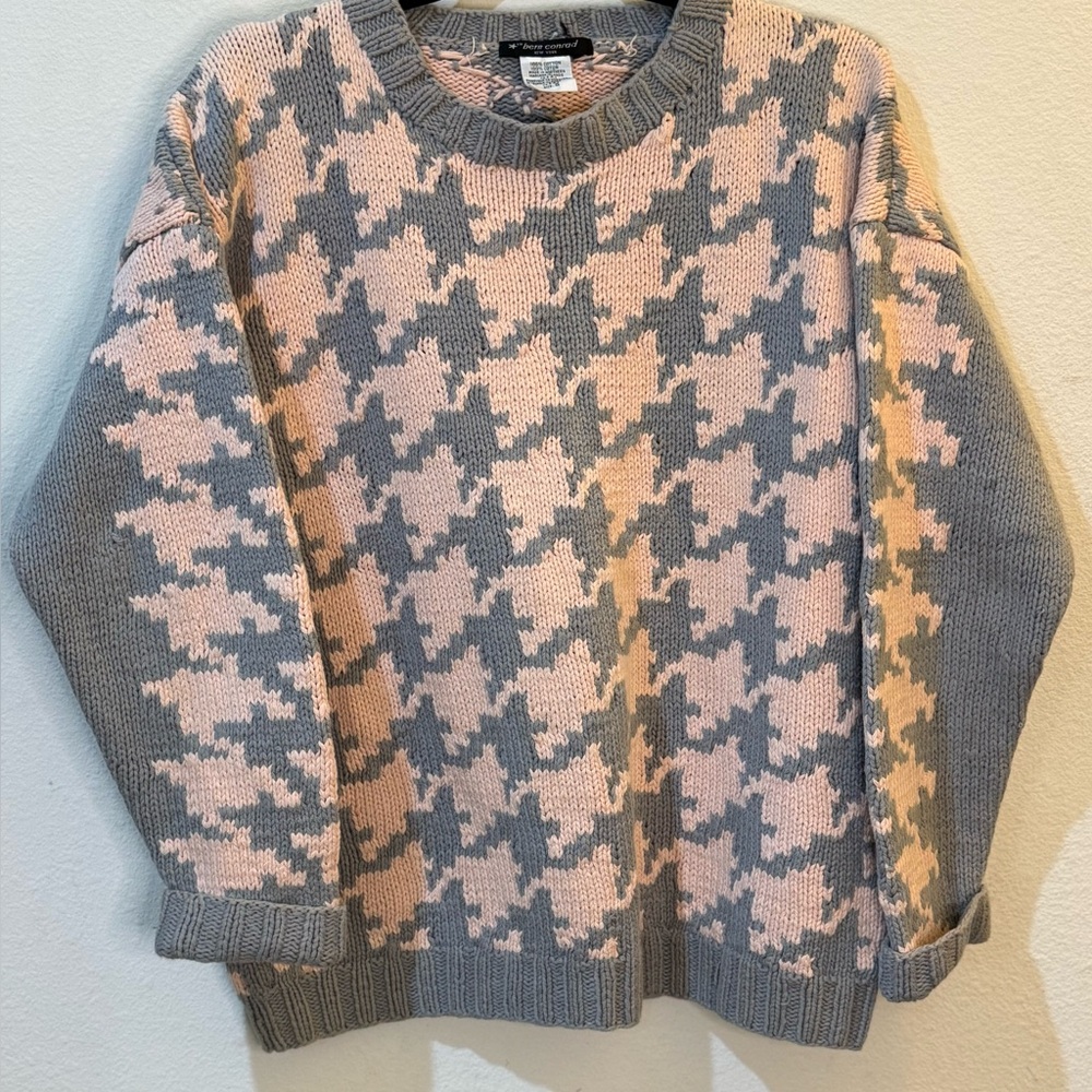 BERN CONRAD Vintage Women's Sweater Pink & Gray Houndstooth Size Large